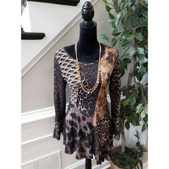 Fleur De Lis Tunic Top Women Medium Multicolor Long Sleeves Round Neck Pullover - Picture 1 of 13